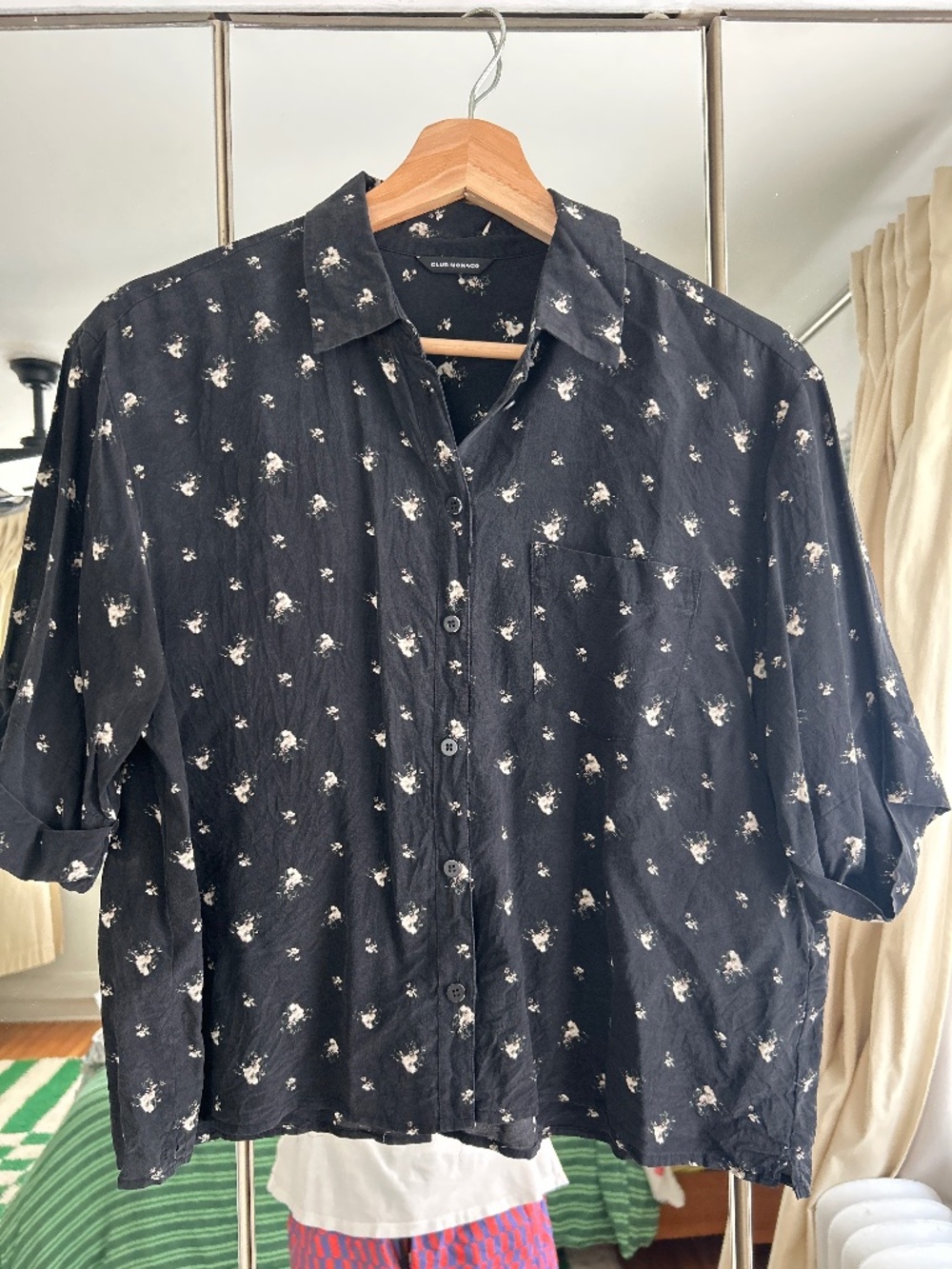 Silk black blouse with white floral pattern